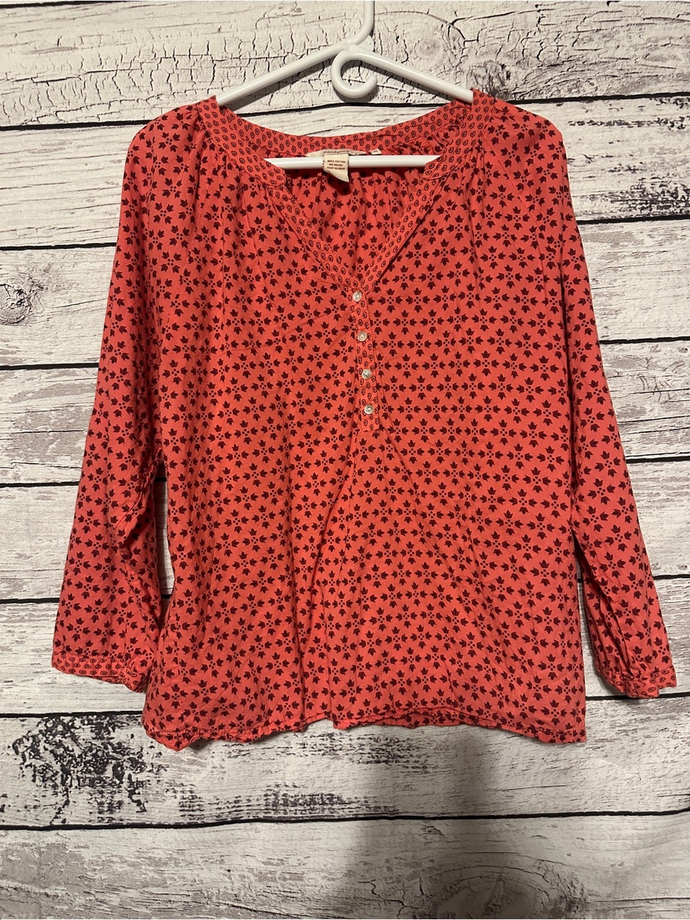 Sundance Cotton Boho Blouse Medium Coral Floral Peasant Top 3/4 Sleeve
